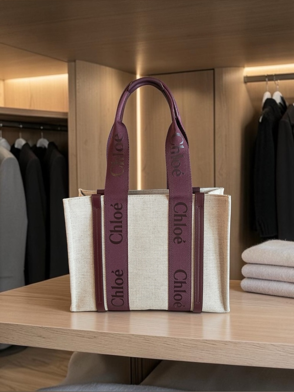 Chloé Woody Medium Tote Burgundy Canvas Leather Medium Italy w/ Tags & Booklets